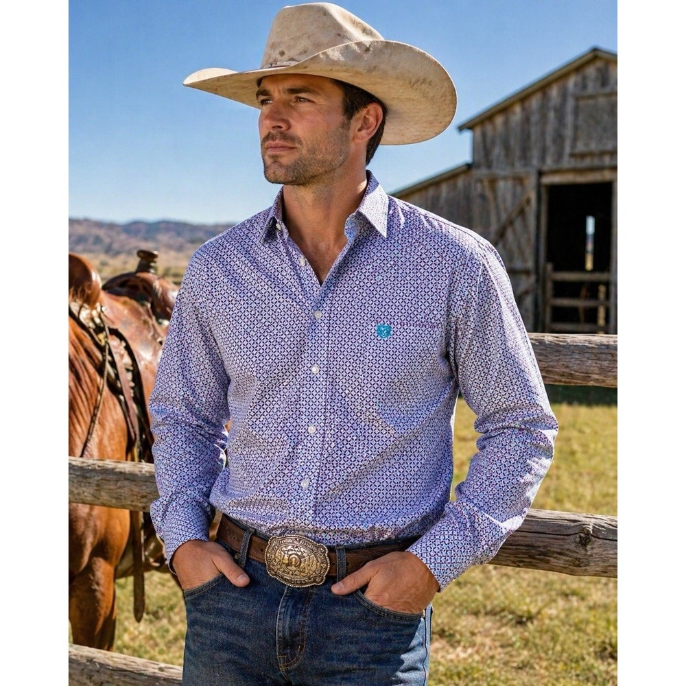 Panhandle Slim Shirt Mens Small Purple Geometric Pocket Flip Cuffs Button-Down